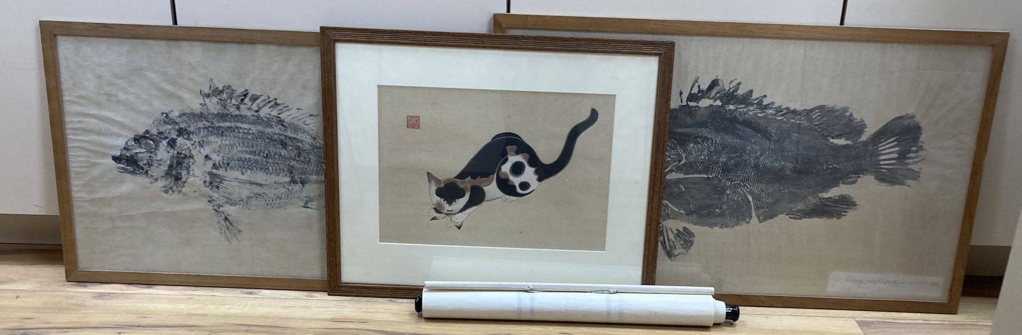 Two life size impressions of a Roach, caught by Mr Nakasaki, 1953, 41 x 73cm and 37 x 62cm, a Chinese scroll print and a woodblock prin